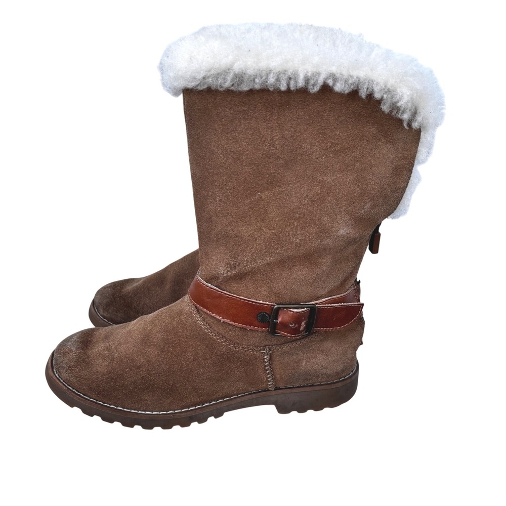 UGG Kids‎ Suede Leather Buckle Winter Boots Cozy Faux Fur Trim - Size 3